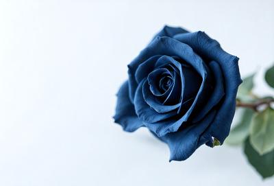 The primary subject of the image is a single blue rose. The setting is a white background, which provides a clean and minimalist appearance. The visual style is a close-up of the blue rose, showcasing its details and beauty. The dominant colors are blue and white, creating a calm and serene atmosphere.