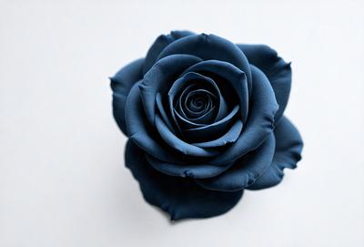 The primary subject of the image is a single blue rose. The rose is prominently displayed in the foreground, with a white background behind it. The visual style of the image is a close-up of the rose, showcasing its details and beauty. The dominant colors in the image are blue and white, creating a serene and calming atmosphere.
