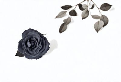 The primary subject of the image is a single black rose. The rose is placed on a white surface, which creates a striking contrast between the dark flower and the light background. The visual style of the image is a close-up of the rose, emphasizing its details and texture. The colors and mood of the image are predominantly black and white, giving it a classic and timeless feel.