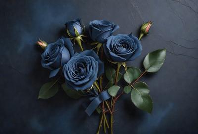 The primary subject of the image is a bouquet of blue roses. The setting is a dark background, which creates a dramatic and moody atmosphere. The visual style is a close-up of the bouquet, showcasing the details of the flowers. The colors and mood of the image are predominantly dark, with the blue roses being the main focal point.