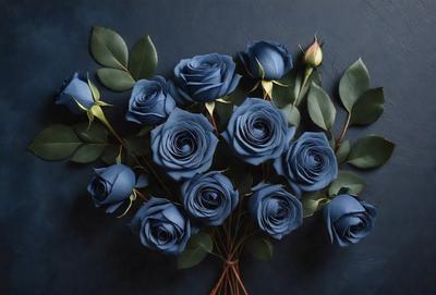 The primary subject of the image is a bouquet of blue roses. The setting is a dark blue background, which creates a dramatic and moody atmosphere. The visual style is a close-up of the bouquet, showcasing the details of the blue roses. The colors and mood of the image are predominantly dark and mysterious, with the blue roses standing out as the focal point.