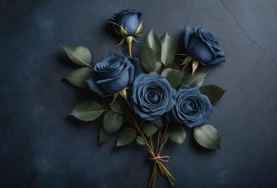 The primary subject of the image is a bouquet of blue roses. The setting is a dark background, which contrasts with the vibrant blue color of the roses. The visual style appears to be a photo, capturing the beauty of the flowers. The overall atmosphere is serene and elegant, with the blue roses being the main focus of the image.
