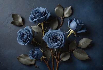 The primary subject of the image is a bouquet of blue roses. The setting is a dark blue background, which creates a dramatic and moody atmosphere. The visual style is a close-up of the flowers, showcasing their details and beauty. The colors and mood of the image are predominantly dark and mysterious, with the blue roses standing out as the focal point.