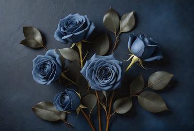 The primary subject of the image is a bouquet of blue roses. The setting is a dark blue background, which creates a dramatic and moody atmosphere. The visual style is a close-up of the flowers, showcasing their details and beauty. The colors and mood of the image are predominantly dark and mysterious, with the blue roses standing out as the focal point.