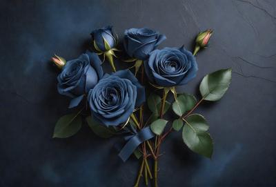 The primary subject of the image is a bouquet of blue roses. The setting is a dark background, which creates a dramatic and moody atmosphere. The visual style is a close-up of the bouquet, showcasing the details of the flowers. The colors and mood of the image are predominantly dark, with the blue roses being the main focal point.