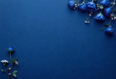 The primary subject of the image is a blue background with a few white flowers scattered across it. The setting appears to be a simple, clean environment, with no other objects or distractions visible. The visual style of the image is a close-up of the flowers on the blue background, creating a sense of depth and focus. The colors in the image are predominantly blue and white, giving the scene a calm and serene atmosphere.