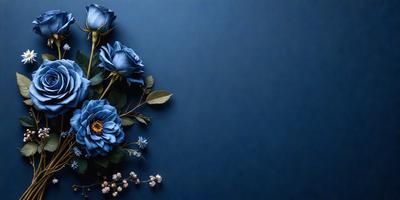 The primary subject of the image is a bouquet of blue flowers, which are arranged in a visually appealing manner. The setting is a blue wall, which serves as a striking backdrop for the flowers. The visual style of the image is a close-up of the flowers, showcasing their beauty and details. The colors and mood of the image are predominantly blue, creating a calm and serene atmosphere.