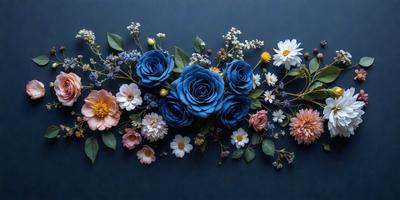 The primary subject of the image is a bouquet of blue and white flowers. The flowers are arranged in a vase, creating a beautiful and colorful display. The setting is a blue background, which adds a sense of depth and contrast to the scene. The visual style of the image is a close-up of the flowers, showcasing their details and beauty. The colors and mood of the image are predominantly blue and white, giving it a calm and serene atmosphere.