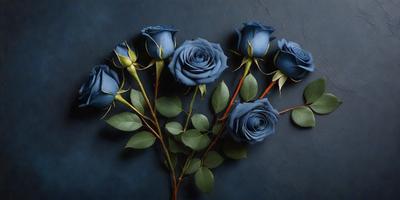 The primary subject of the image is a bouquet of blue roses. The setting is a dark blue background, which creates a dramatic and moody atmosphere. The visual style is a close-up of the flowers, showcasing their details and beauty. The colors and mood of the image are predominantly dark and mysterious, with the blue roses standing out as the focal point.