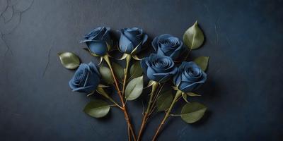 The primary subject of the image is a bouquet of blue roses. The setting is a dark blue background, which creates a dramatic and moody atmosphere. The visual style is a close-up of the bouquet, showcasing the details of the flowers and their stems. The colors and mood of the image are predominantly dark and mysterious, with the blue roses serving as the focal point.