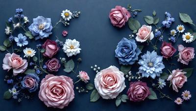 The primary subject of the image is a bouquet of flowers, which are arranged in a visually appealing manner. The flowers are predominantly pink and blue, creating a harmonious and vibrant color palette. The setting is a blue background, which serves as a striking contrast to the flowers. The visual style of the image is a combination of photo and digital art, resulting in a realistic yet artistic representation of the flowers. The overall atmosphere of the image is one of beauty and elegance, with the flowers