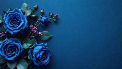 The primary subject of the image is a bouquet of blue flowers, which are the main focus of the scene. The flowers are arranged in a vase, and they are placed against a blue background, which creates a striking contrast. The visual style of the image is a close-up of the flowers, showcasing their beauty and details. The colors and mood of the image are predominantly blue, giving it a calm and serene atmosphere.