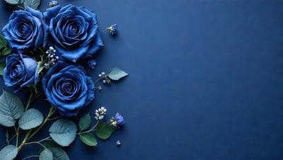 The primary subject of the image is a bouquet of blue roses. The setting is a blue background, which creates a striking contrast with the blue roses. The visual style is a photo, capturing the beauty of the flowers in their natural environment. The colors and mood of the image are predominantly blue, giving it a calm and serene atmosphere.