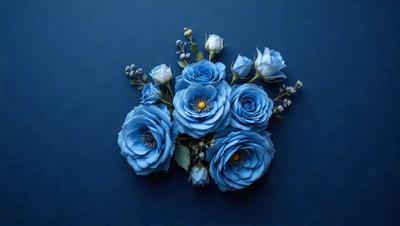 The primary subject of the image is a bouquet of blue flowers, which are arranged in a vase. The setting is a dark blue background, which creates a striking contrast with the blue flowers. The visual style is a close-up of the flowers, showcasing their beauty and details. The colors and mood of the image are predominantly blue, giving it a calm and serene atmosphere.