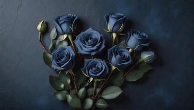 The primary subject of the image is a bouquet of blue roses. The setting is a dark blue background, which creates a dramatic and moody atmosphere. The visual style is a close-up of the flowers, showcasing their details and beauty. The colors and mood of the image are predominantly dark and mysterious, with the blue roses serving as the focal point.