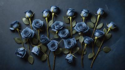 The primary subject of the image is a bouquet of blue roses. The setting is a dark blue background, which creates a dramatic and moody atmosphere. The visual style is a close-up of the bouquet, showcasing the details of the flowers. The colors and mood of the image are predominantly dark and mysterious, with the blue roses being the main focal point.