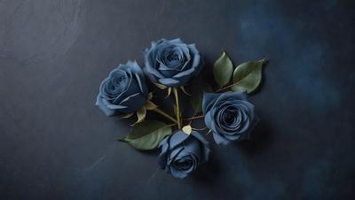 The primary subject of the image is a bouquet of blue roses. The setting is a dark blue background, which creates a dramatic and moody atmosphere. The visual style is a close-up of the flowers, showcasing their details and beauty. The colors and mood of the image are predominantly dark and mysterious, with the blue roses standing out as the focal point.