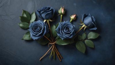 The primary subject of the image is a bouquet of blue roses. The setting is a blue table, and the visual style is a photo. The dominant colors are blue and green, creating a calm and serene atmosphere.