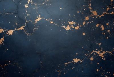The primary subject of the image is a blue wall with a pattern of gold dots. The setting is a dark room, and the visual style appears to be a combination of a photo and digital art. The dominant colors are blue and gold, creating a calm and serene atmosphere.