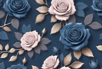 The primary subject of the image is a collection of blue roses. They are arranged in a pattern, with some of the roses being larger and more prominent than others. The setting is a blue background, which complements the blue roses and adds to the overall visual style. The image is a digital artwork, showcasing the artist's skill in creating realistic and beautiful floral patterns. The colors and mood of the image are predominantly blue, creating a serene and calming atmosphere.