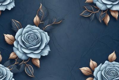 The primary subject of the image is a blue rose with gold leaves, which is the main focus of the image. The setting is a blue wall, and the visual style appears to be a digital art or illustration. The dominant colors in the image are blue and gold, creating a calm and serene atmosphere.
