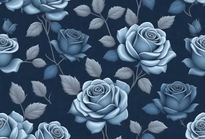The primary subject of the image is a pattern of blue roses. The setting is a blue background, which creates a visually appealing contrast with the blue roses. The visual style is a combination of digital art and illustration, giving the image a unique and artistic appearance. The dominant colors are blue and white, creating a calm and serene atmosphere.