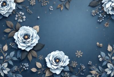 The primary subject of the image is a beautifully designed blue background featuring two white roses with gold centers. The setting is a blue surface, possibly a wall or a piece of artwork. The visual style is a combination of digital art and illustration, creating a stunning and elegant display. The colors and mood of the image are predominantly blue and white, with a touch of gold, giving it a serene and elegant atmosphere.