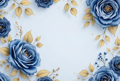 The primary subject of the image is a beautifully designed wallpaper featuring a pattern of blue flowers and gold leaves. The setting is a wall, and the visual style is a combination of photo and digital art. The dominant colors are blue and gold, creating a serene and elegant atmosphere.