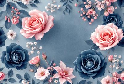 The primary subject of the image is a bouquet of pink and blue flowers. The flowers are arranged in a visually appealing manner, creating a sense of beauty and elegance. The setting is a blue background, which adds a touch of sophistication to the overall composition. The visual style of the image is a combination of digital art and illustration, resulting in a high-quality and detailed representation of the flowers. The colors and mood of the image are predominantly pink and blue, evoking feelings of warm