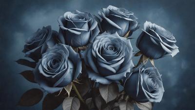 The primary subject of the image is a bouquet of blue roses. The setting is a dark background, which creates a dramatic and moody atmosphere. The visual style is a close-up of the flowers, showcasing their details and beauty. The colors and mood of the image are predominantly dark and mysterious, with the blue roses standing out as the focal point.