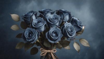 The primary subject of the image is a bouquet of blue roses. The setting is a dark, cloudy sky, which creates a moody atmosphere. The visual style is a close-up of the bouquet, showcasing the details of the flowers. The colors and mood of the image are predominantly dark and dramatic, with the blue roses standing out against the cloudy sky.