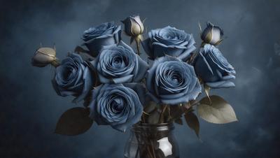 The primary subject of the image is a vase filled with blue roses. The setting is a dark background, which contrasts with the vibrant blue color of the roses. The visual style is a close-up of the vase, showcasing the beautiful arrangement of the flowers. The colors and mood of the image are predominantly dark and moody, with the blue roses serving as a striking focal point.