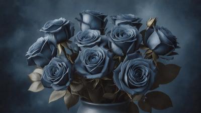 The primary subject of the image is a vase filled with blue roses. The setting is a dark background, which contrasts with the vibrant blue color of the roses. The visual style is a painting, which adds a sense of artistic expression to the scene. The colors and mood of the image are predominantly dark and moody, with the blue roses serving as a striking focal point.