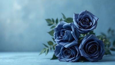 The primary subject of the image is a bouquet of blue roses. The setting is a blue background, which creates a visually appealing contrast with the blue roses. The visual style is a close-up of the flowers, showcasing their beauty. The colors and mood of the image are predominantly blue, giving it a calm and serene atmosphere.