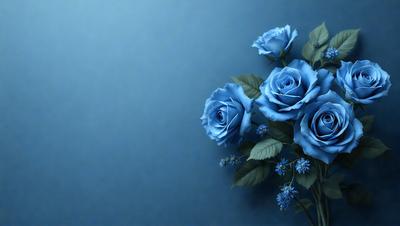 The primary subject of the image is a bouquet of blue roses. The setting is a blue wall, which serves as the backdrop for the flowers. The visual style is a close-up of the flowers, showcasing their beauty. The dominant colors in the image are blue and purple, creating a serene and calming atmosphere.