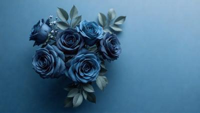 The primary subject of the image is a bouquet of blue roses. The setting is a blue background, which creates a striking contrast with the blue roses. The visual style is a close-up of the bouquet, showcasing the details of the flowers. The colors and mood of the image are predominantly blue, giving it a calm and serene atmosphere.