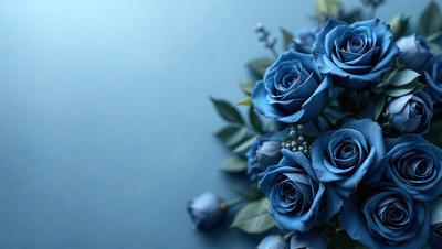 The primary subject of the image is a bouquet of blue roses. The setting is a blue background, which creates a striking contrast with the blue flowers. The visual style is a close-up of the flowers, showcasing their beauty and details. The colors and mood of the image are predominantly blue, giving it a calm and serene atmosphere.