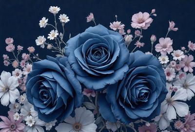 The primary subject of the image is a bouquet of blue roses. The setting is a dark blue background, which creates a dramatic and moody atmosphere. The visual style is a combination of photo and digital art, as the flowers are depicted in a realistic manner while the background is digitally created. The colors and mood of the image are predominantly dark and mysterious, with the blue roses standing out as the focal point.
