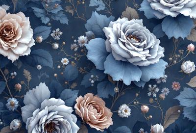 The primary subject of the image is a beautiful floral pattern featuring a variety of flowers, including blue and white ones. The setting is a blue background, which complements the vibrant colors of the flowers. The visual style is a combination of photo and digital art, creating a realistic yet artistic representation of the flowers. The colors and mood of the image are lively and cheerful, with the blue flowers adding a touch of tranquility to the overall atmosphere.