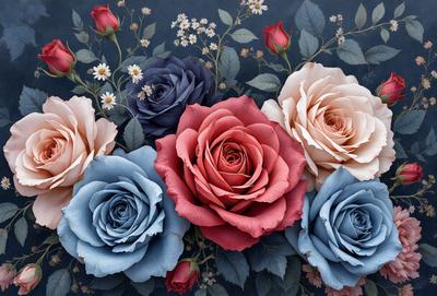 The primary subject of the image is a bouquet of flowers, featuring a mix of red, pink, and blue hues. The flowers are arranged in a vase, creating a visually appealing display. The setting is a blue background, which adds a sense of depth and contrast to the image. The visual style is a combination of photo and digital art, resulting in a realistic yet artistic representation of the flowers. The colors and mood of the image are warm and inviting, with the red, pink, and