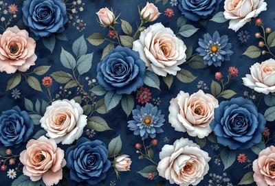The primary subject of the image is a bouquet of blue and white flowers. The flowers are arranged in a pattern, creating a visually appealing design. The setting is a blue background, which complements the colors of the flowers. The visual style of the image is a combination of photo and digital art, as it appears to be a close-up of the flowers with a slightly blurred background. The dominant colors of the image are blue and white, giving it a calm and serene atmosphere.