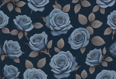 The primary subject of the image is a pattern of blue roses. The setting is a blue background, which creates a visually appealing contrast with the blue roses. The visual style is a combination of digital art and illustration, as the roses are depicted in a detailed and realistic manner. The dominant colors are blue and grey, giving the image a calm and serene atmosphere.