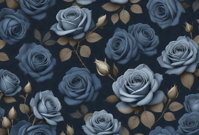 The primary subject of the image is a blue rose, which is the main focus of the scene. The setting is a blue background, which creates a striking contrast with the blue rose. The visual style is a digital art, as the rose is depicted in a detailed and intricate manner. The dominant colors in the image are blue and gold, giving the scene a calm and serene atmosphere.