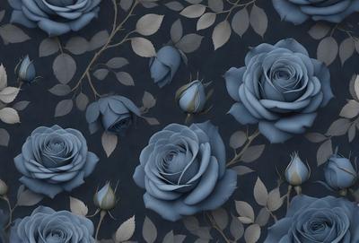 The primary subject of the image is a group of blue roses. They are arranged in a pattern, with some of the roses appearing to be blue leaves. The setting is a dark blue background, which contrasts with the blue roses, creating a striking visual effect. The visual style of the image is a combination of digital art and illustration, giving it a unique and artistic appearance. The dominant colors in the image are blue and grey, with the blue roses being the main focus and creating a calm and serene atmosphere.