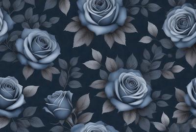 The primary subject of the image is a pattern of blue roses. The setting is a dark blue background, which creates a dramatic and moody atmosphere. The visual style is a combination of digital art and illustration, as the roses are depicted in a detailed and intricate manner. The colors and mood of the image are predominantly dark and mysterious, with the blue roses serving as the focal point against the contrasting background.