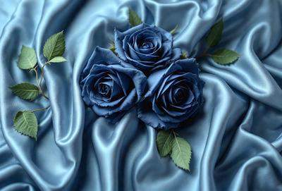 The primary subject of the image is a bouquet of three blue roses. The setting is a blue cloth, which serves as the backdrop for the flowers. The visual style is a close-up of the flowers, showcasing their vibrant blue color. The overall atmosphere is serene and elegant, as the blue roses are beautifully displayed against the blue cloth.