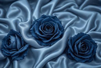 The primary subject of the image is a group of three blue roses. They are placed on a blue sheet, which serves as the setting and background. The visual style of the image is a photo, capturing the beauty of the blue roses in their natural environment. The colors and mood of the image are predominantly blue, creating a serene and calming atmosphere.