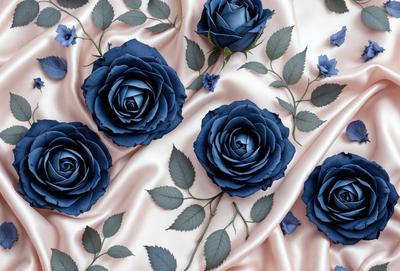 The primary subject of the image is a bouquet of blue roses. The setting is a pink background, which adds a contrasting color to the scene. The visual style is a close-up of the blue roses, showcasing their beauty. The colors and mood of the image are predominantly blue and pink, creating a serene and elegant atmosphere.