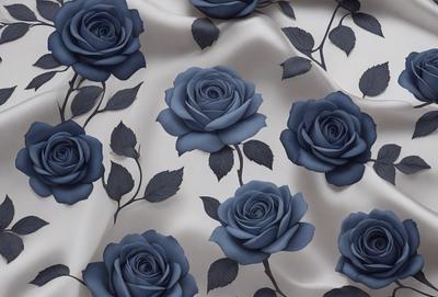 The primary subject of the image is a pattern of blue roses. The setting is a blue cloth, which serves as the background. The visual style is a combination of photo and digital art, creating a realistic yet artistic representation of the blue roses. The dominant colors are blue and purple, giving the image a calm and serene atmosphere.