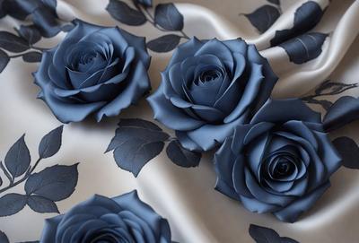 The primary subject of the image is a group of blue roses. They are arranged on a surface, which appears to be a table or a cloth. The setting is indoors, and the visual style is a close-up of the flowers. The dominant colors in the image are blue and green, creating a calm and serene atmosphere.